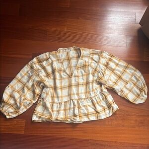Altard state v-neck flannel Plaid Shirt with balloon sleeves in Yellow and White